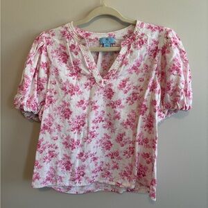 CeCe Pink Floral Puff Sleeve V-Neck Blouse